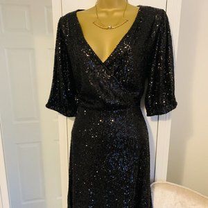 Black Sequin Faux Wrap Flippy Dress Party Size 14 Xmas New Year